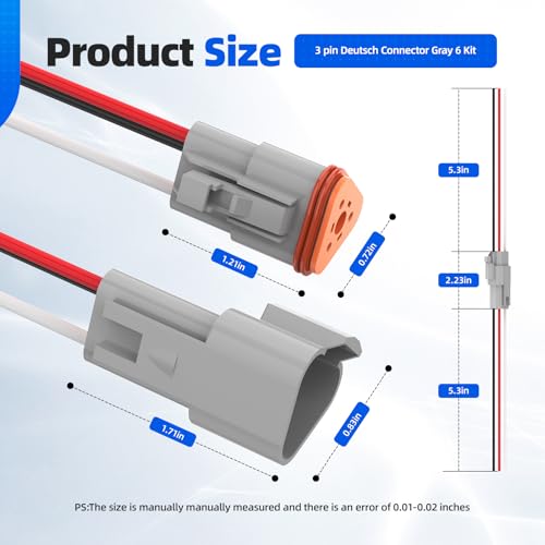 3 Pin Deutsch Connector, Hoodutric 16AWG Gray Male Female Wiring Harness DT Pigtail 3 Wire Waterproof Connector with Heat Shrink Tubing Electrical Tape for Car Truck Motorcycle Boat- 6 Kit - style: 3Pin Gray 6 Set
