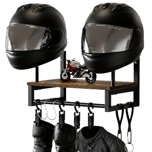 DEWEL Motorcycle Helmet Holder Wall Mount, Rustic Wooden Helmet Rack with 4 Glove Clips, 2 Carabiners & 2 S-Hooks, Motorcycle Gear Organizer for Helmets, Jackets, Gloves, Garage Entryway,Retro - color: American Retro