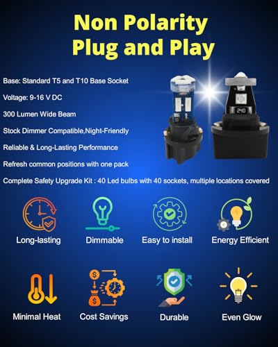 WLJH 40 Pack T10 & T5 LED Bulbs With Sockets, 194/168/W5W/2721/74, Non-Polarity, Dimmable, for Interior Dash Gauge, Dome, Map, Vanity Mirror, Glove Box,Trunk,License Plate Lights, 300 LM Blue - color: Blue