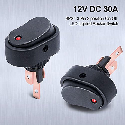 Twidec/5Pcs LED Lighted Rocker Switch Toggle 12V 30A SPST 3 Pin On-Off Red Round Dot Switch for Car Boat Marine ASW-20D-R - color: Red LED-Oval Shaped