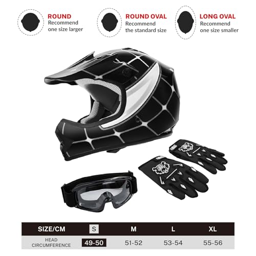 SLMOTO Youth Kids Motocross Offroad Street Helmet DOT Safety Youth Kids Helmet Dirt Bike Offroad Motorcycle Goggles Gloves - color: Black Spiders, size: Small