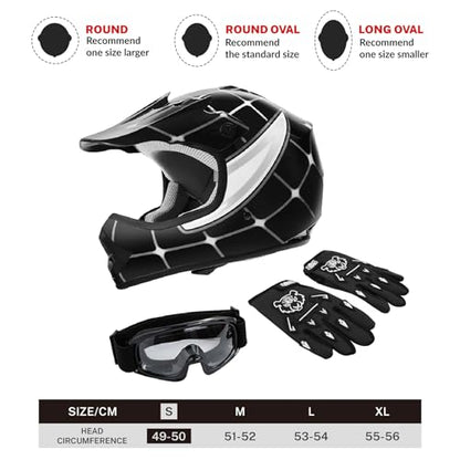 SLMOTO Youth Kids Motocross Offroad Street Helmet DOT Safety Youth Kids Helmet Dirt Bike Offroad Motorcycle Goggles Gloves - color: Black Spiders, size: Small