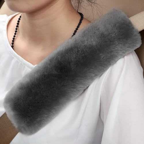 Soft & Cozy Australian Sheepskin Car Seat Belt Covers,2 Pack Fluffy Seatbelt Pads, Genunie Sheepskin Fur Shoulder Straps Cushions for Adults Kids Women and Men (Grey) - color: Grey