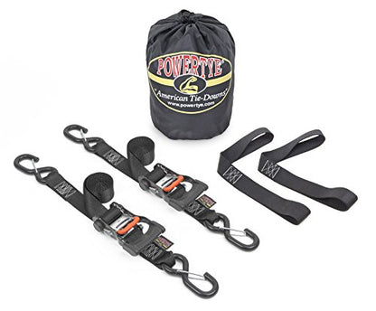 PowerTye 1.5in x 6ft Ergonomic Ratchet Tie-Down Kit w/Latching Hooks, Soft-Tyes, and Storage Bag - Made in USA - 1,000 lb. WLL / 3,000 lb. Breaking Strength - Black (Kit) - color: Black