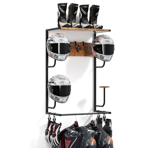 Motorcycle Helmet Holder Wall-Mounted Helmet Rack with 4 Glove Chips& Hooks - Rustic Bike Helmets Storage Organizer, Universal Wall Mount for Helmets, Gear, Clothes, Accessories，Retro - color: Retro