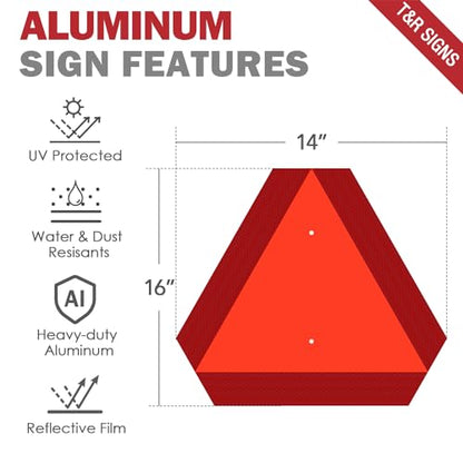 T&R Metal Slow Moving Vehicle Sign, Safety Triangle Sign - 14 x16 Inches - Reflective, UV Protected, Waterproof, Weatherproof and Fade Resistant Up to 7 Years Outdoor for Golf Cart Tractor UTV - color: RED - 1 Pack