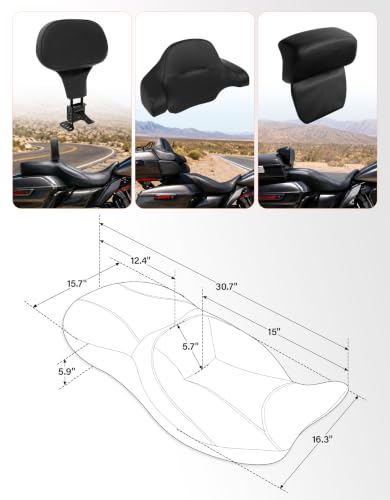 XMT-MOTO Motorcycle Seat, One-Piece Hammock Driver & Passenger Seat w/Rider Backrest Pad Fit for Harley Touring 2009-2023 Road King Street Glide Electra Glide FLHR FLHX FLTRX - style: Seat+ Driver Backrest For Harley Touring '09-'23