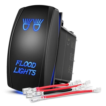 Nilight Flood Lights Rocker Switch Led Light Bar 5 Pin Laser On Off SPST Switches 20A/12V 10A/24V Blue with Jumper Wires Set for Cars Trucks Boats ATVs UTVs RVs - size: FLOOD LIGHTS
