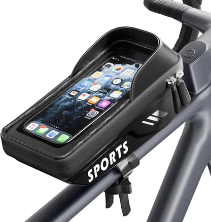 Povlen Waterproof Bike Frame Bag with Phone Holder, No Bounce Top Tube Bike Bag for Easy Access While Riding, Touchscreen Cycling Bag for Commuting, Road & MTB