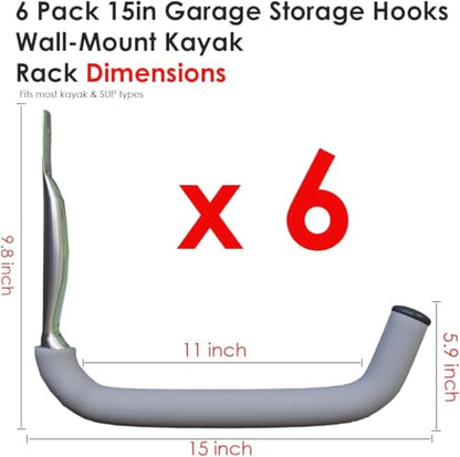 Garage Hooks 6 Pack 15" Stainless Steel, 100LB Heavy Duty Kayak Storage Rack Kayak Wall Mount, Kayak Hanger & Kayak Storage Hooks for Kayak/Bike/Ladder with EVA Anti-Scratch Pads Indoor Organizer