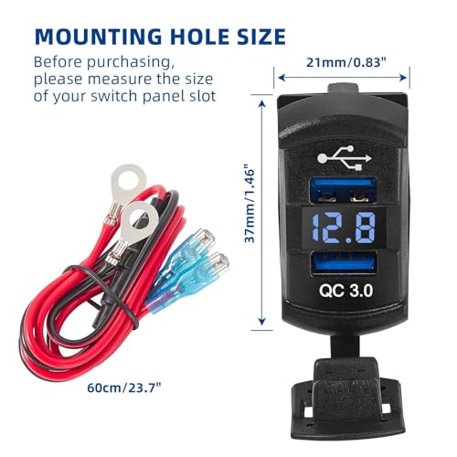 Anina QC Dual USB3.0 Car Charger Port Rocker Switch Style, 12V-24V Waterproof USB Socket with Blue LED Voltmeter, Universal Fast Charge USB Replacement for Marine Toggle Switch Panel on Boat Truck RV
