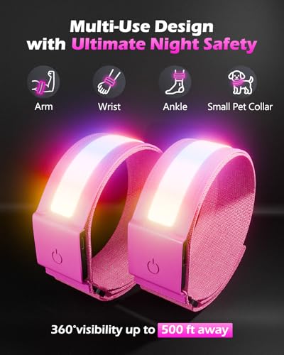 Topward LED Armband 2 Pack, Light up Reflective Arm Bands Glow Bracelets, Running Lights for Runners Dog Walking - 5 Colors 11 Light Modes - Adjustable Velcro - Rechargeable - color: Pink