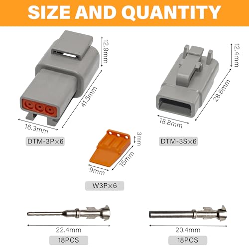 Deutsch DTM Grey 3 Pin Connectors 6 Sets, Waterproof Electrical Wire Connector with Stamped Contacts and Seal Plug for Truck, Off-Road Vehicles, Construction, Agriculture, Marine, Motorcycle Wiring - size: 3Pin-6 Set