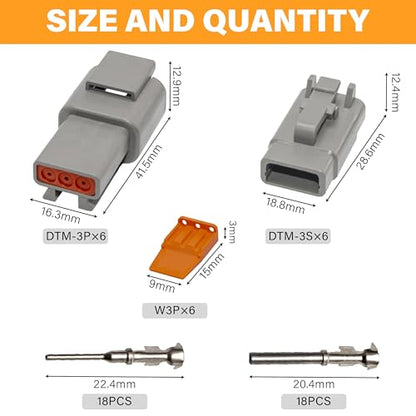 Deutsch DTM Grey 3 Pin Connectors 6 Sets, Waterproof Electrical Wire Connector with Stamped Contacts and Seal Plug for Truck, Off-Road Vehicles, Construction, Agriculture, Marine, Motorcycle Wiring - size: 3Pin-6 Set