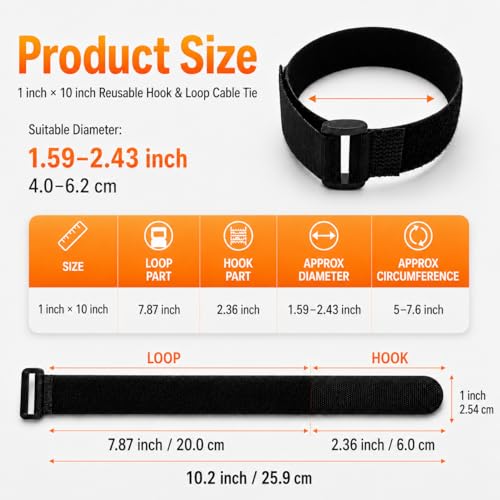 Ysenchan Hook and Loop Straps with Buckle, Reusable Adjustable Cable Management Straps, Heavy Duty Cinch Straps for Cords, Hoses, Bike Gear & Home Organization, 1" x 10", Black, 10 Pack