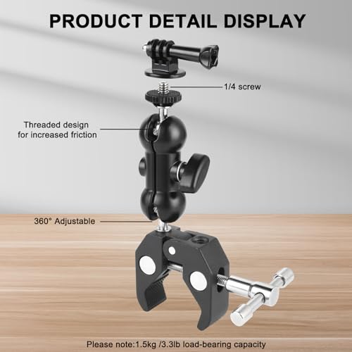 UTEBIT Super Clamp Camera Mount with 360° Ballhead Magic Arm, Black | Super Clamp Mount with 1/4" and 3/8" Thread, Desk/Bike/Bicycle/Motorcycle/ Handlebar for GoPro, Phone, Camera, Monitor