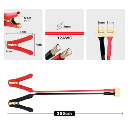 12AWG Battery Alligator Clips to O Ring 8mm Battery Power Clamp Cables 12V 24V, Apply to Inverter, Motorcycle, Car, Solar Controller is Connected (3 m /9.8FT) - size: 3 m /9.8FT