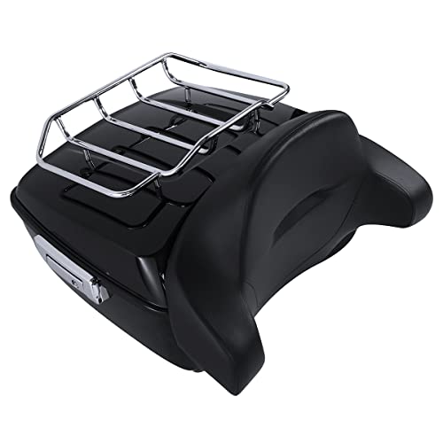 SLMOTO Vivid Black King Tour Trunk Trunk w/Chrome latch kit +Luggage Rack+Backrest Fits For Harley Davidson Touring Road King, Road Glide, Street Glide and Select CVO Models 2014-2024 - color: AStyle #14