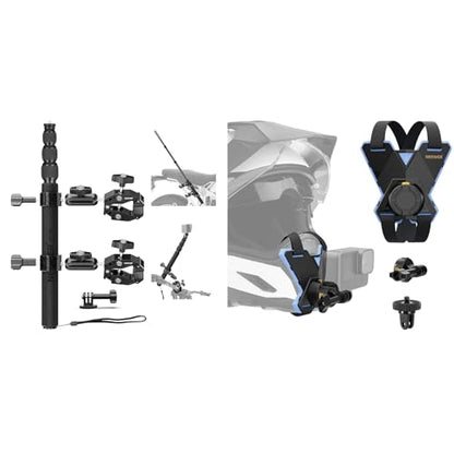 NEEWER GP-30 Motorcycle Mount Kit + GP19 Motorcycle Helmet Chin Strap Mount, Bicycle Handlebar Invisible Selfie Stick Compatible with GoPro Insta360 DJI AKASO Action Cameras