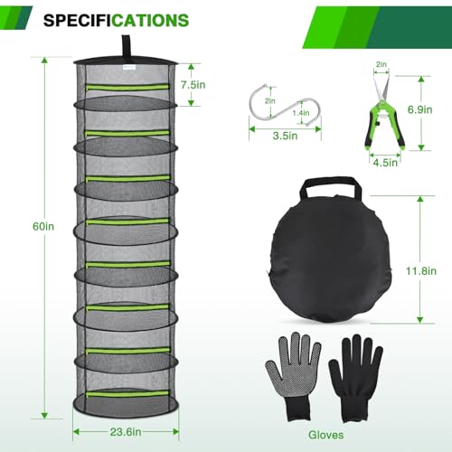 Yesker 8 Layer Herb Drying Rack Hanging Mesh Foldable Plant Drying Racks 24" w Green Zipper Pruning Shears Gloves Dryer Hanging Rack for Herbs Seed Bud Fruit Clothes Grow Tent Closets Garden Outdoor - size: 8 Layers Fluorescent Green & Black