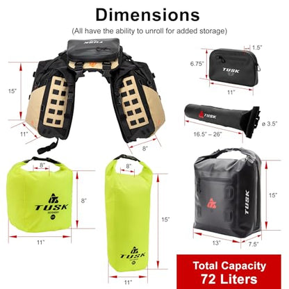 TUSK Highland X2 Rackless Luggage System w/Small Dry Duffel Tail Bag Compatible with KTM/Husky 690-701 Heat Shield Black/Tan - color: Black/Tan, size: Small Dry Duffel/Tail Bag, style: Ktm/Husky 690-701 Heat Shield