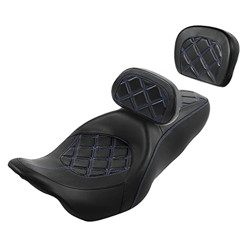 C.C. RIDER Classic Seat Backrest Pad - Driver Sissy Bar fit for Harley Davidson Touring Road King Street Glide Electra Glide Road Glide 2009-2023 - color: Seat + Driver Pad + Passenger Pad Black Blue