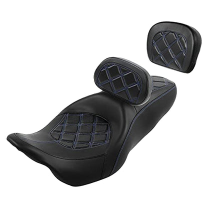 C.C. RIDER Classic Seat Backrest Pad - Driver Sissy Bar fit for Harley Davidson Touring Road King Street Glide Electra Glide Road Glide 2009-2023 - color: Seat + Driver Pad + Passenger Pad Black Blue
