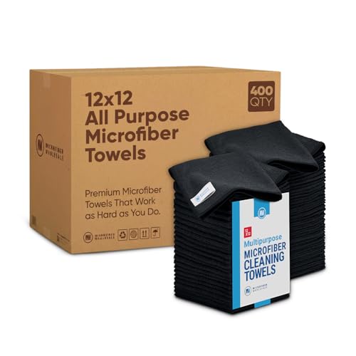 Microfiber Wholesale Bulk Black Microfiber Towels 12" x 12" Case of 400 – High-Density All-Purpose Cleaning Cloths for Car Washes, Auto Shops & Professional Cleaning – No Fraying Reusable Long-Lasting - color: Black, size: 400 Count (Pack of 1)