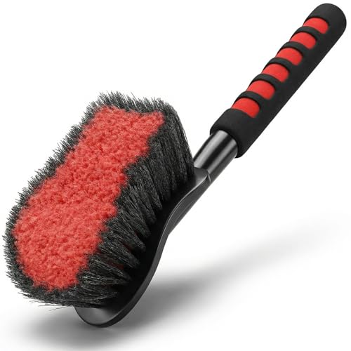 TAKAVU 17.5" Long Handle Tire Brush - Soft Bristle Wheel & Tire Cleaning Brush for Car, Scratch-Free Gentle Brush Reaches Wheel Wells, Safe for Chrome Rims & Alloy Wheels (Red) - color: Red