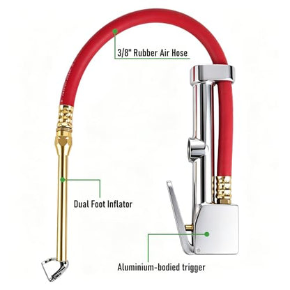 Heavy Duty Tire Inflator with Pressure Gauge 10-160 PSI, 1/4" NPT Dual Head Chuck, 15" Kink-Resistant Rubber Air Hose Compatible with Car, Truck, Motorcycle, ATV, SUV