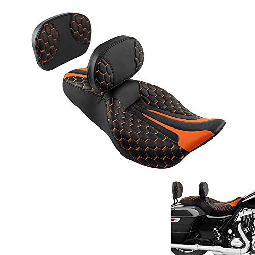 C.C. RIDER Touring Seat Sissy Bar - Passenger Backrest Driver Passenger Sissy Bar for Harley Davidson Touring Road King Street Glide Road Glide Electra Glide CVO 2009-2023 - color: Black Orange Rider Seat + Backrest