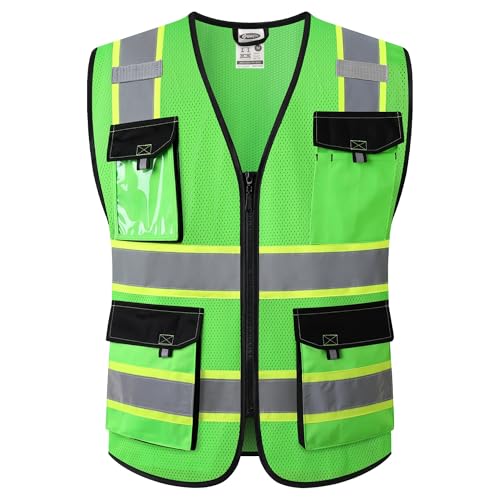 JKSafety Hi Vis Reflective Safety Vests for Men Women High Visibility Vest with Pockets Mesh Fabric Construction Safety Apparel Neon Vest for Work (220-Green L) - color: Green, size: Large