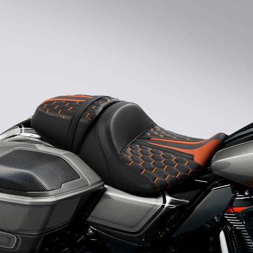 C.C. RIDER Low-Profile Rider&Passenger Seat Fit for Harley Touring 2023-2025 CVO Street Glide FLHXSE CVO Road Glide FLTRXSE 2024-2025 Street Glide FLHX Road Glide FLTRX FLTRXSTSE - size: 03# Black+ Orange Stitchs