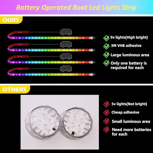 Marine Boat Lights Strip Battery Powered Golf Cart Light, 4 Pcs 24’’ 9V IP67 Waterproof Boat Interior Deck Courtesy Lights for Kayak Paddleboard Pontoon Skeeter Fishing Bass (Multi-color)