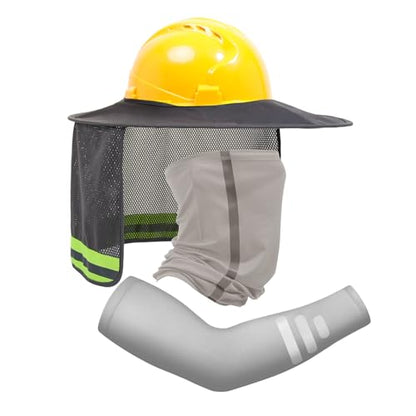 TCCFCCT Hard Hat Sun Shade, Full Brim High Visibility Sun Visor Neck Shield and Bandana Face Scarf with Construction Arm Sleeves, 3 Packs, Grey - color: Sun Shade 1+bandana 1+sleeves 1pair Grey
