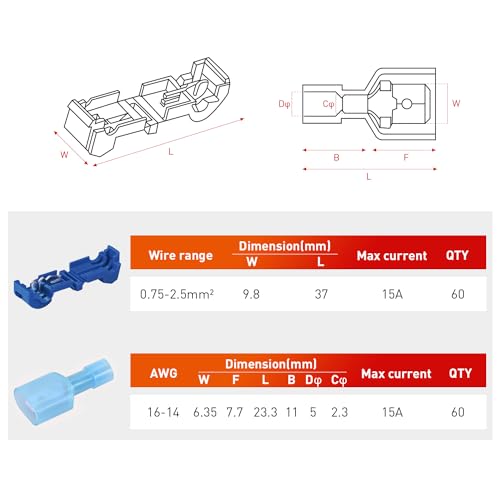Nilight 120PCS/60 Pairs Quick Splice Disconnect Wire Terminals T-Tap Spade Connectors Blue 16-14 AWG Male Female Fully Insulated Crimp Self-Stripping Kit - size: 120Pcs 16-14AWG