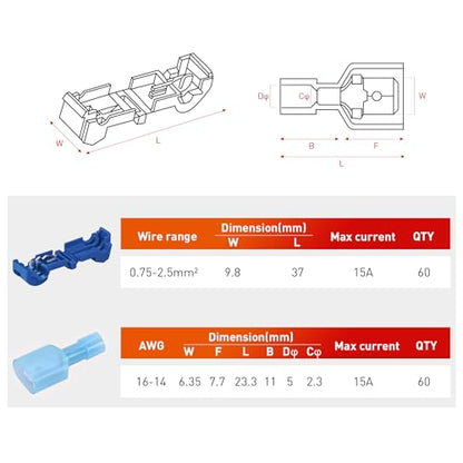 Nilight 120PCS/60 Pairs Quick Splice Disconnect Wire Terminals T-Tap Spade Connectors Blue 16-14 AWG Male Female Fully Insulated Crimp Self-Stripping Kit - size: 120Pcs 16-14AWG