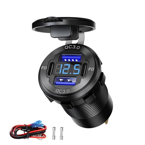 12V USB Outlet Dual QC3.0 & PD3.0 USB C Port Car Charger Socket with Voltmeter,78W Aluminum Alloy Waterproof Quick Charger for Car Boat Marine Motorcycle RV Truck ATV Golf Cart - color: pack of one
