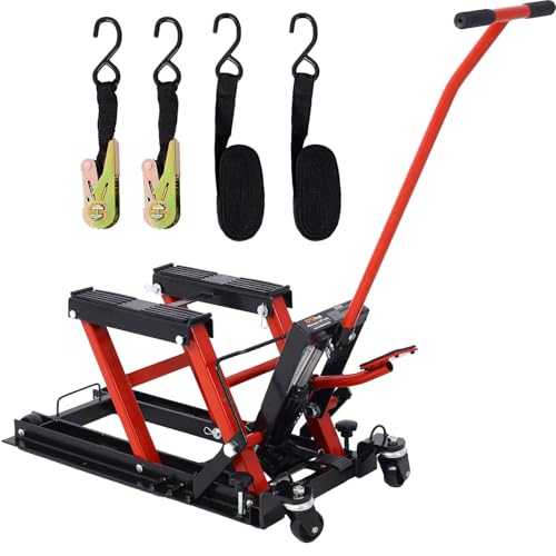 Hydraulic Motorcycle Lift Jack 1500 LBS Capacity, ATV Scissor Lift with 4 Wheels, Foot-Operated Hydraulic Hoist Stand for Motorcycles, ATVs, UTVs, Powersports, Non-Slip Rubber Stripe Platform,Red - color: Red
