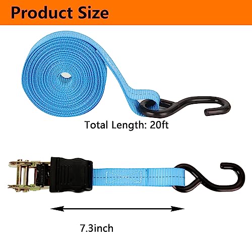 6 Pcs 1 Inch Heavy Duty 20ft Tie Down Straps with Hooks, 2200 LBS Break Strength, Cargo Ratchet Straps for Motorcycle, Appliances, Equipment - color: Blue