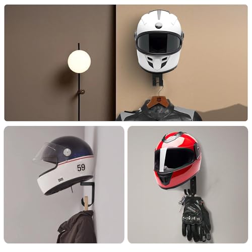 2-Pack Helmet Holder Wall Mount, Helmet Hanger,Motorcycle Gear Rack with 2 Key Hooks, Constructed with Solid Wood & Strong Steel for Bike Tactical Gear Baseball Football Skiing Helmet
