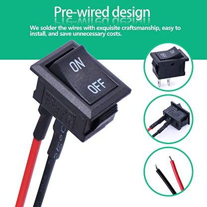 Twidec/5Pcs Rocker Switch AC 6A/250V 10A/125V SPST 2 Pins 2 Position ON/Off Car Boat Square Black Rocker Switch Toggle with Pre-soldered Wires KCD1-1-101-ON-OFF-X - color: Black-Square-ON OFF-5PCS