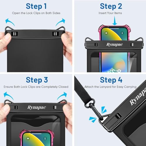 Rynapac Large Waterproof Phone Pouch [Up to 10"] - 2 Pack IPX8 Waterproof Phone Case for iPhone 17 16 15 Pro Max Galaxy S26 Ultra, Touchscreen & Underwater Photography, Beach Cruise Essentials 2026 - color: [Pink + Black] Large Waterproof Phone Pouch, siz