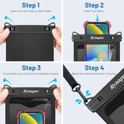 Rynapac Large Waterproof Phone Pouch [Up to 10"] - 2 Pack IPX8 Waterproof Phone Case for iPhone 17 16 15 Pro Max Galaxy S26 Ultra, Touchscreen & Underwater Photography, Beach Cruise Essentials 2026 - color: [Black + Blue] Large Waterproof Phone Pouch, siz