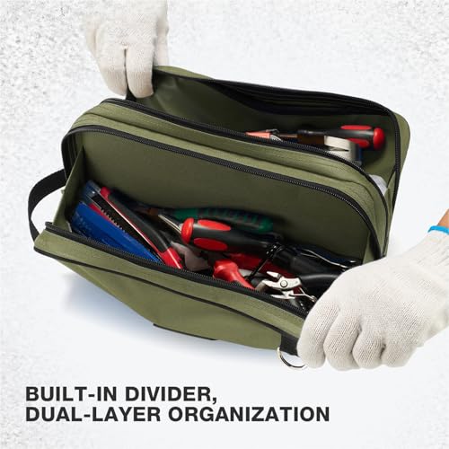 HISEA Small Tool Bag, 12 Inch Tools Pouch with 2 Pockets and Adjustable Shoulder Strap, Small Tool Organizer and Storage with Zipper for Electrican, Travel, Green - color: Green