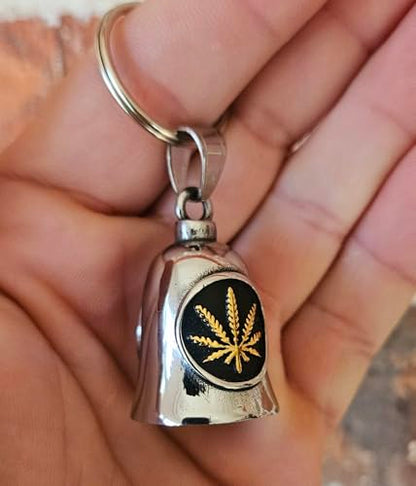 KMA Est. 2005 THE RIDE BELL Pot Leaf Gold w/FREE HANGER Biker Good Luck Motorcycle Charm Original Keychain