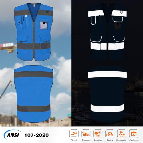 TCCFCCT Mesh Reflective Vest 9 Pockets High Visibility Safety Vest for Men Women, Hi Vis Construction Vest with Reflective Strips, Meets ANSI/ISEA Standards, (Blue, Small) - color: Blue, size: Small