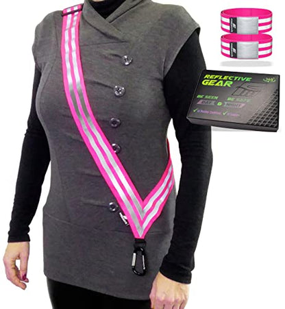 FREEMOVE Reflective SASH with 2 Bands - or - Reflective Runners Waist Belt with 4 Arm Bands > Easy to Put On/Off Reflective Gear for Guaranteed Visibility & Safety for Dog Walking, Running, Cycling - color: Pink SASH and BANDS