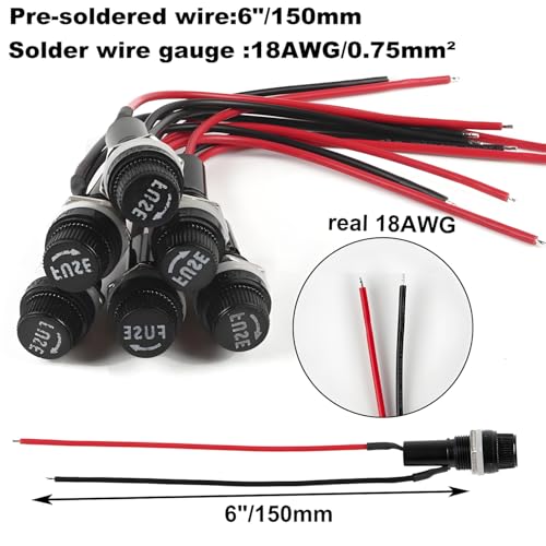 6 pcs Panel Mounted Fuse Holder 5x20mm 250VAC 10A/125VAC 15A with pre-Welded 18AWG Leads Measuring 6" Length, and 12pcs(6pcs*10A+6pcs*15A) Fast Blowing Glass Tube fuses - style: wired-5*20mm