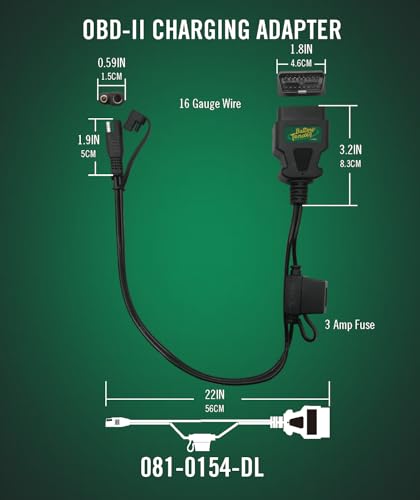 Battery Tender OBDII Adapter Cable for 12V Battery Charging - 22 Inch Cord - Solar Compatible - Charge Vehicle's 12V Battery Through OBD II Port - 081-0154-DL
